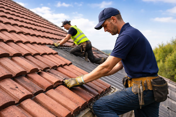 roofers working with red clay tiles