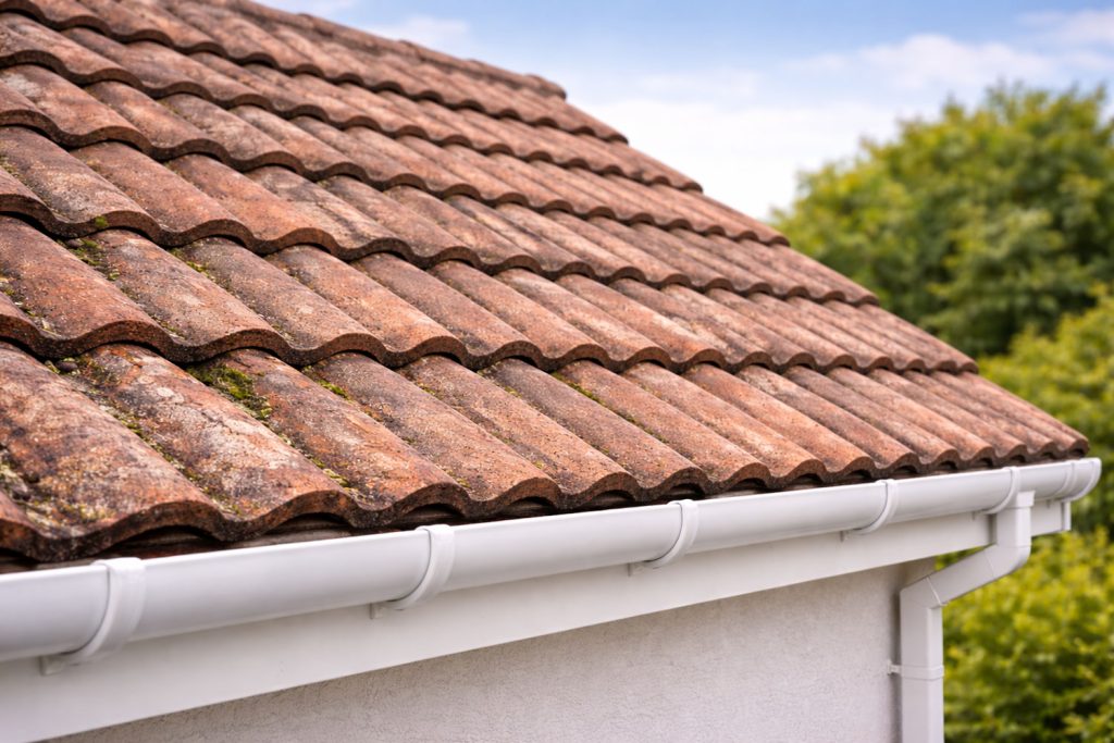 weathered terracotta roof tiles in sunlight